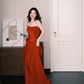 Strapless Pleated Prom Dress Rust Red Ruffle Flowy Formal Evening Gown  NV7249