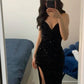 Black spaghetti straps suspenders shiny elegant charming impressive sequins long slit ball gown stylish evening dress party dress nv2552