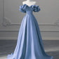 Unique Blue Simple A-line Satin Off-shoulder Long Evening Dress Party Dress Prom Dress nv2051