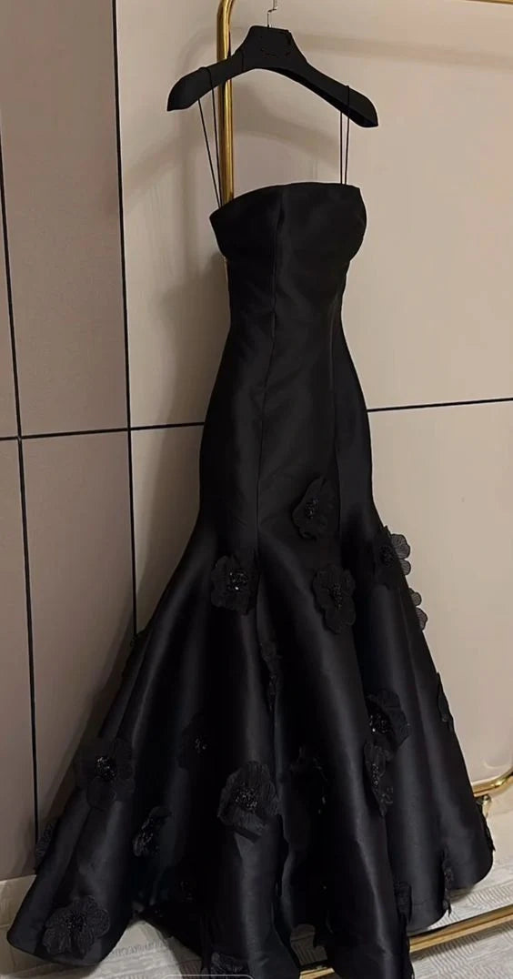 Black fashion unique three-dimensional rose flower mermaid off-shoulder sleeveless satin long ball gown evening dress party dress nv3247