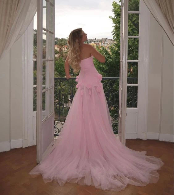 NiceVestidos-- Pink floral long floor-length chiffon prom dress with train NV5685