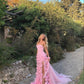 NiceVestidos-- Pink floral long floor-length chiffon prom dress with train NV5685