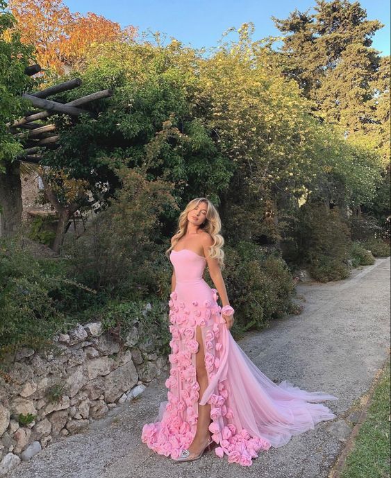 NiceVestidos-- Pink floral long floor-length chiffon prom dress with train NV5685