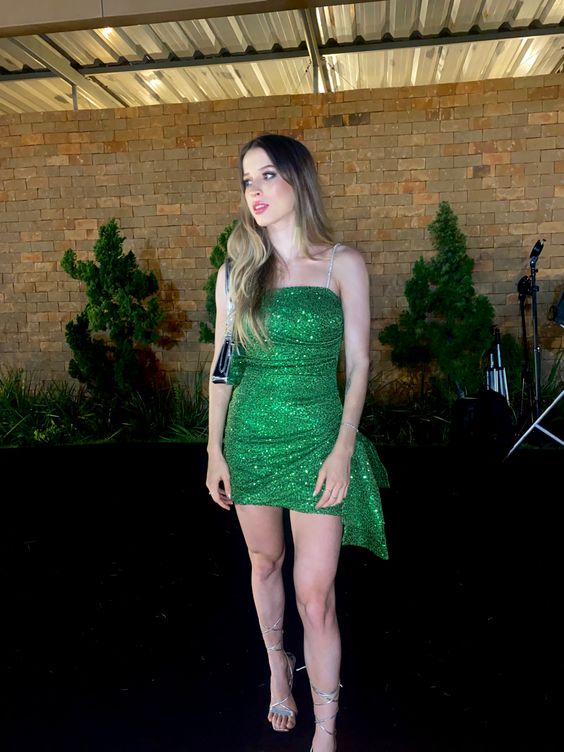 Green Sequin Spaghetti Strap Homecoming Dress Short Prom Dress nv2092