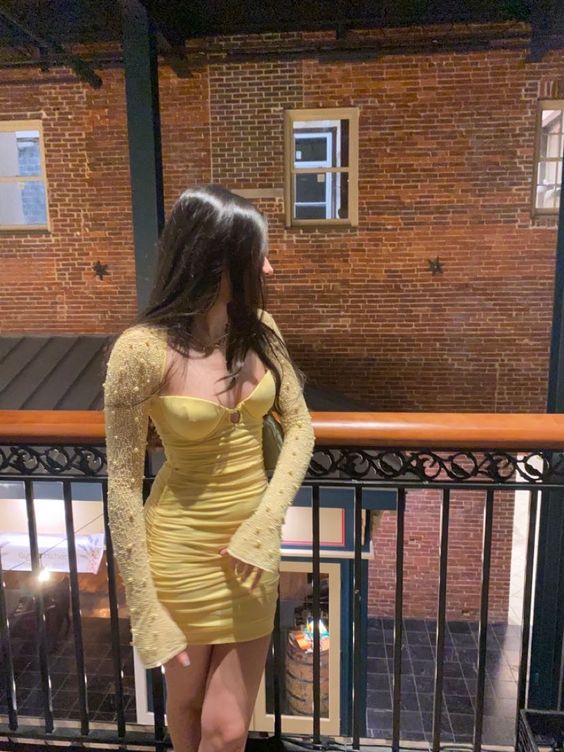 Yellow Fashion Long Sleeve Bodycon Party Dress Homecoming Dress nv2094