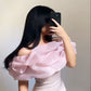 White satin pink tulle one shoulder strapless simple elegant long ball gown evening dress party dress nv2278