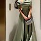 Green A-line elegant short sleeve off-shoulder satin pleated dress formal floor-length ball gown evening gown party dress nv2466