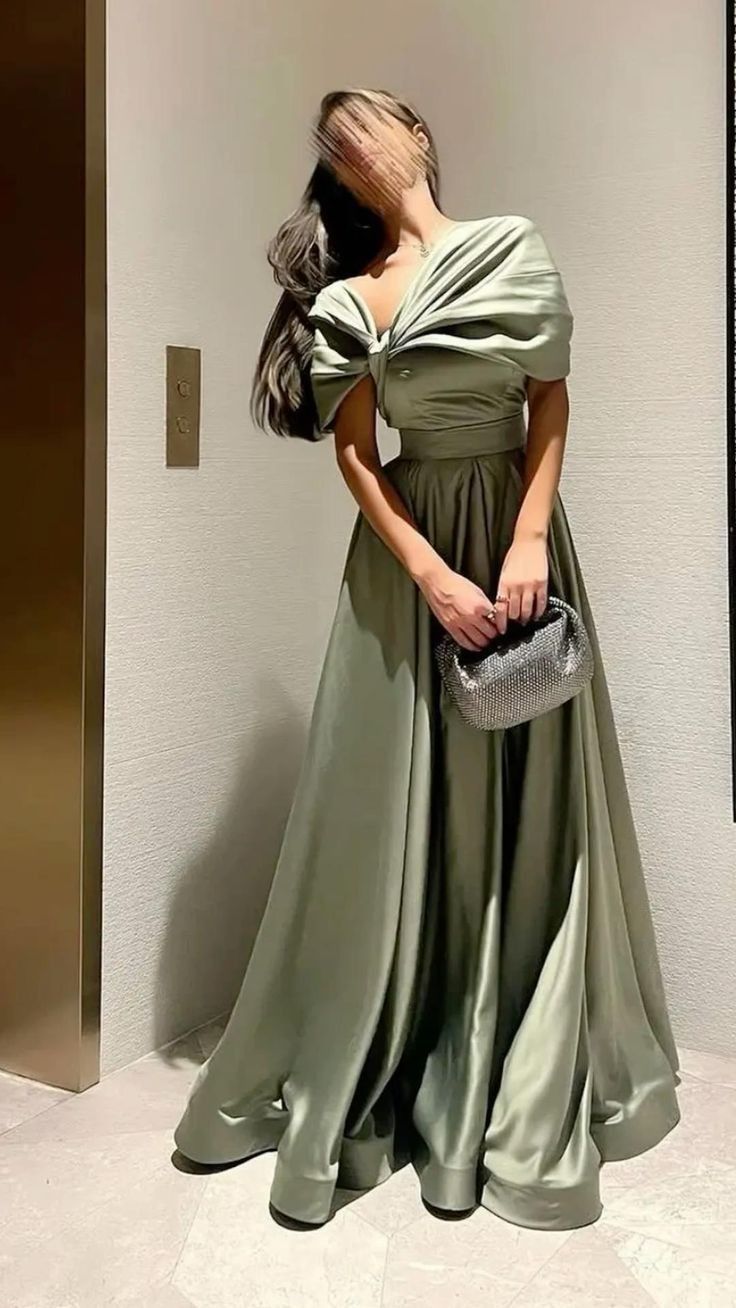 Green A-line elegant short sleeve off-shoulder satin pleated dress formal floor-length ball gown evening gown party dress nv2466