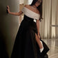 Black fashion elegant charming one shoulder off shoulder short sleeve long slit ball gown evening dress party dress nv2454