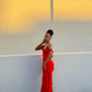 Red shoulder strap ruffle long ball gown evening dress wedding guest party dress nv2901