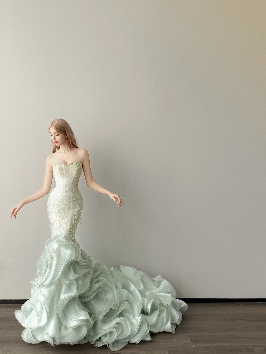 Mint Green Strapless Mermaid Prom Dress Iridescent Sequin Layered Ruffle Train  NV7135