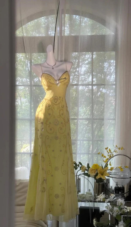 Yellow gorgeous beaded spaghetti strap A-line chiffon long ball gown evening dress party dress nv4229