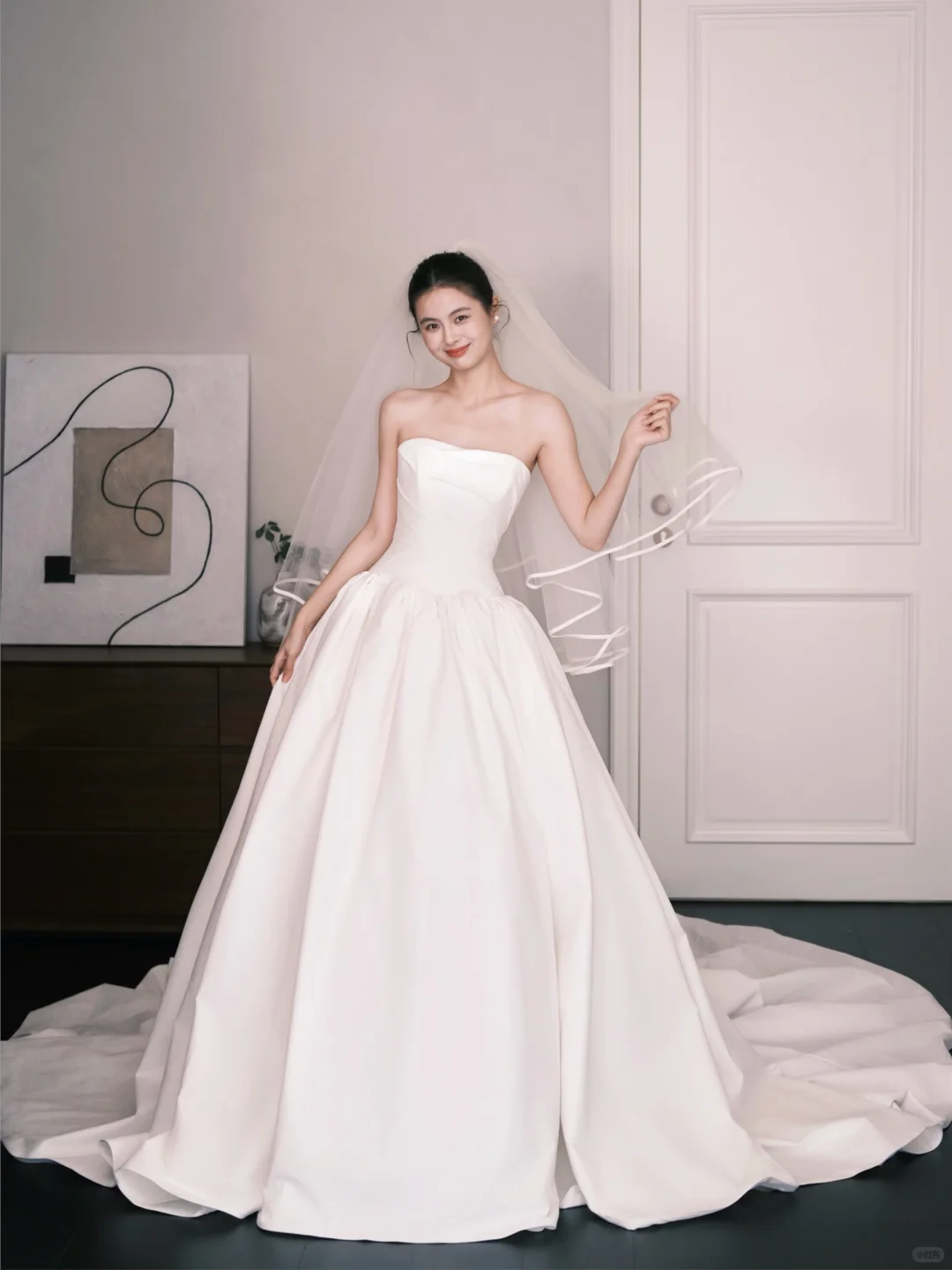 Strapless Draped Satin Wedding Gown, A Line Ballgown with Long Train  NV7356
