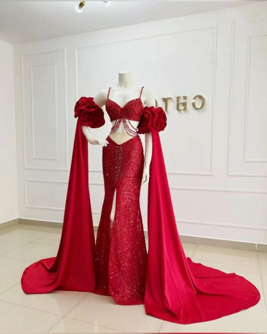 Red shiny sequins spaghetti straps long slit slim fit two piece ball gown evening dress party dress nv3254