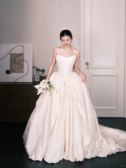 Sweetheart Neck Satin Wedding Gown, Boned Corset A Line Bridal Dress with Train  NV7350