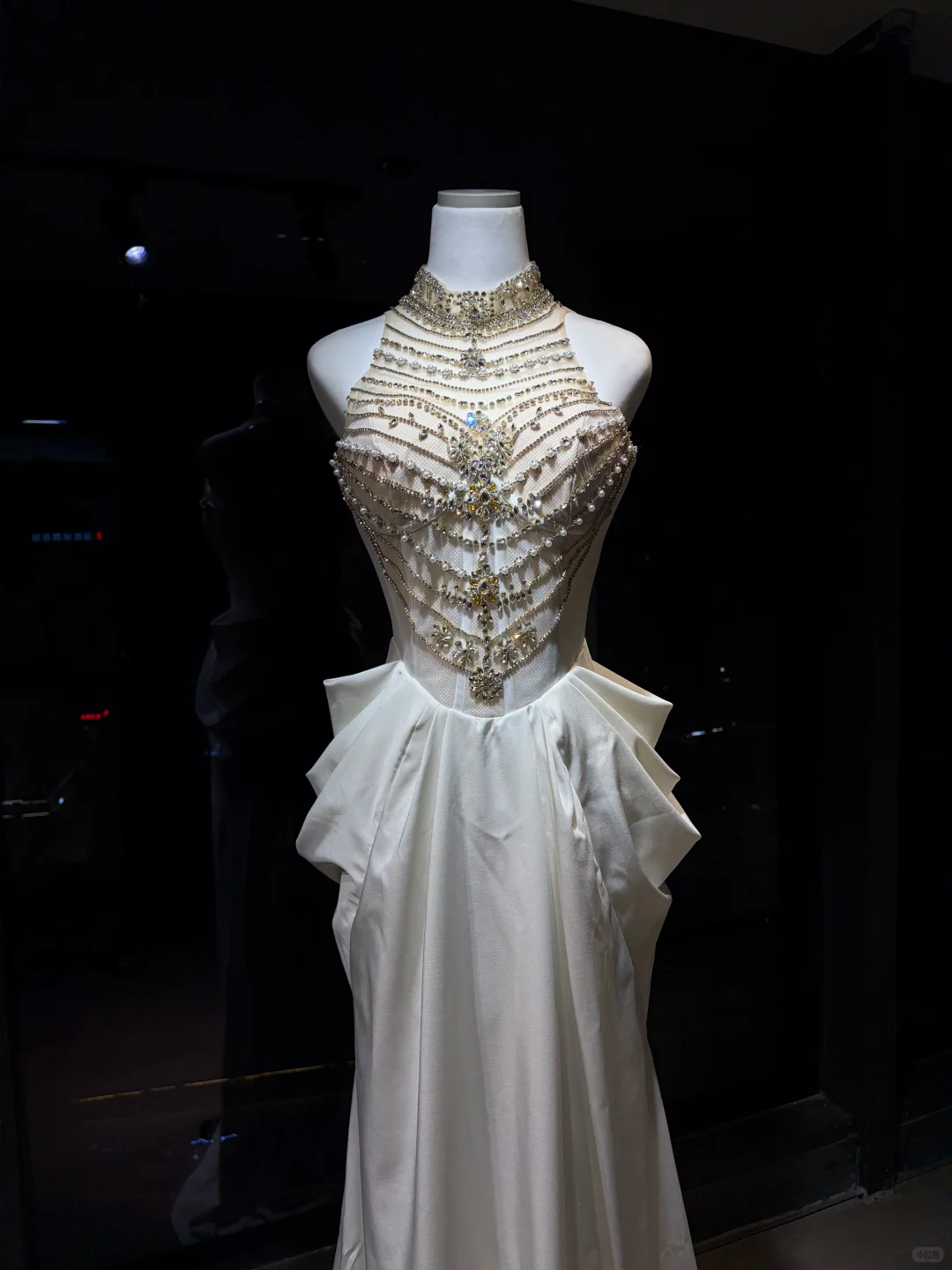 White Halter Satin Mermaid Evening Dress, Heavy Rhinestone Beaded Bodice with 3D Petal Waist  NV7088