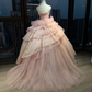 Strapless Blush Pink Prom Dress Glitter Beading Tiered Ruffle Tulle Cake Ball Gown  NV7047