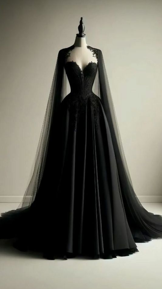 Sleeveless Black Tulle Lace Train Gown | Luxury Glam Cape Heart Strapless Maxi Dress for Gala Ball NV6297