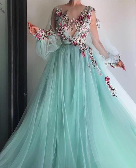 Turquoise Ball Gown Applique Lace Long Sleeve A-Line Floor Length Fairy Evening Gown nv2896