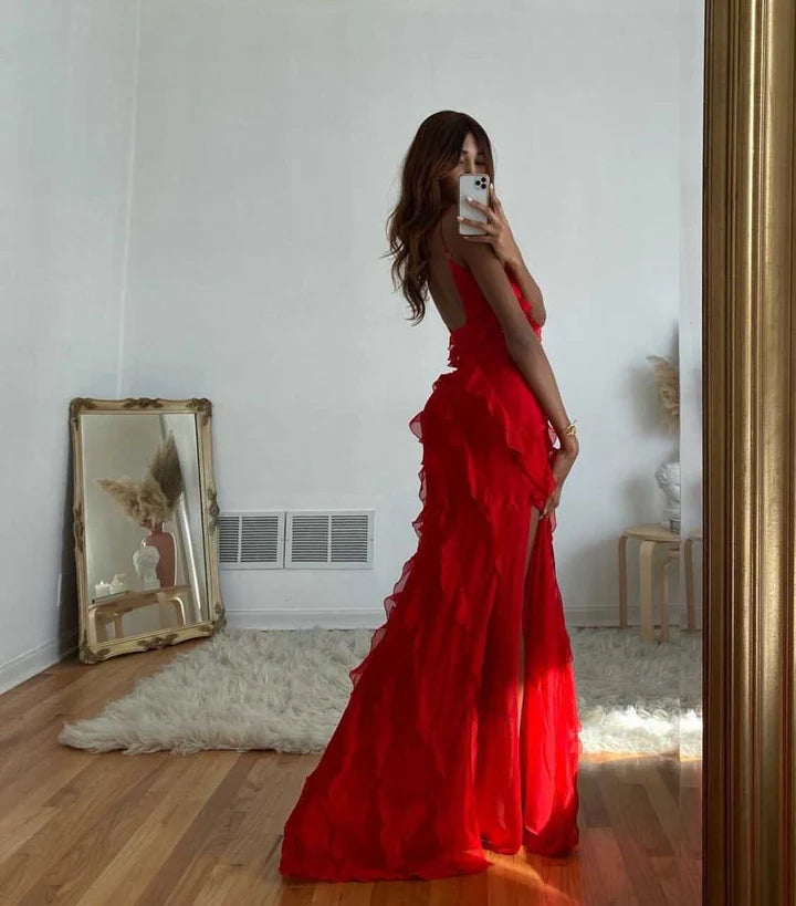 Red fashion spaghetti straps long Chiffon ruffled bodycon ball gown evening dress party dress nv3544