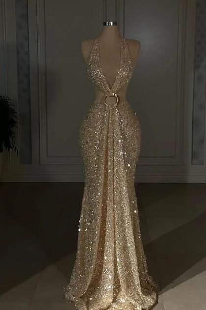 Gold, glittering, and glamorous sequined long dress NV6686