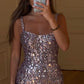 Silver Spaghetti Strap Shiny Sequin Short Mini Homecoming Dress Party Gown nv2985