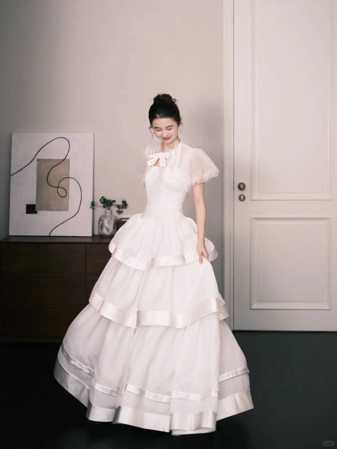 Square Neck Tiered Tulle Wedding Dress with Detachable Puff Sleeves  NV7379