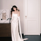 White Strapless Draped Satin Wedding Dress With Long Streamers  NV7230