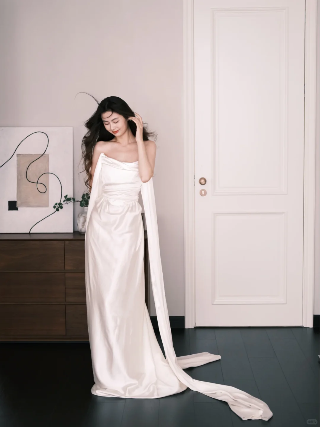 White Strapless Draped Satin Wedding Dress With Long Streamers  NV7230