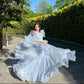 Blue sweet elegant tulle long short sleeve ball gown evening dress nv2922