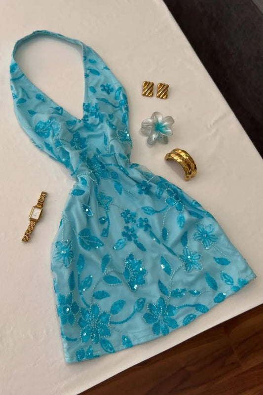NiceVestidos--Vintage blue floral mini short chiffon fairy gown exquisite dress homecoming dress HOCO dress NV5731