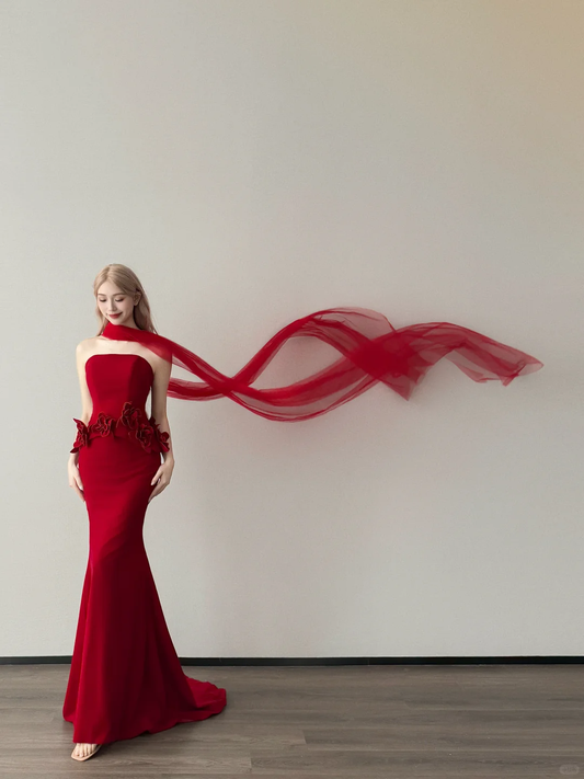 Red Strapless Mermaid Evening Dress With 3D Flowers & Tulle Scarf  NV7137