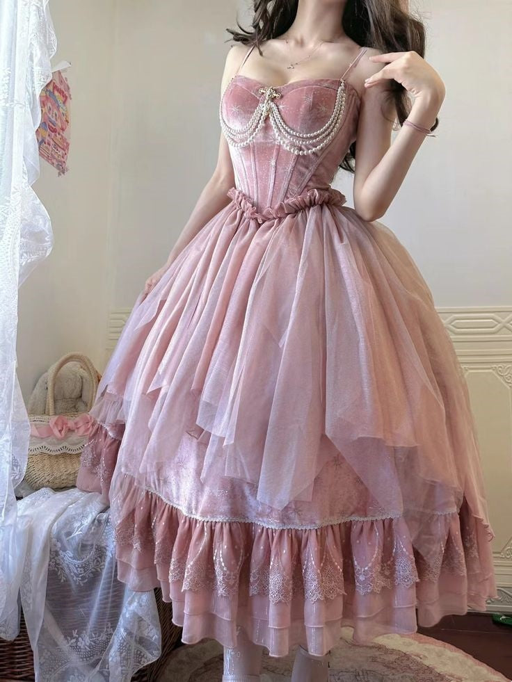 Pink Elegant Sweet Long Velvet Ball Gown Evening Dress nv2947