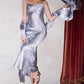 Silver stylish and elegant pattern spaghetti straps long ball gown evening dress with same color tassel shawl nv2656