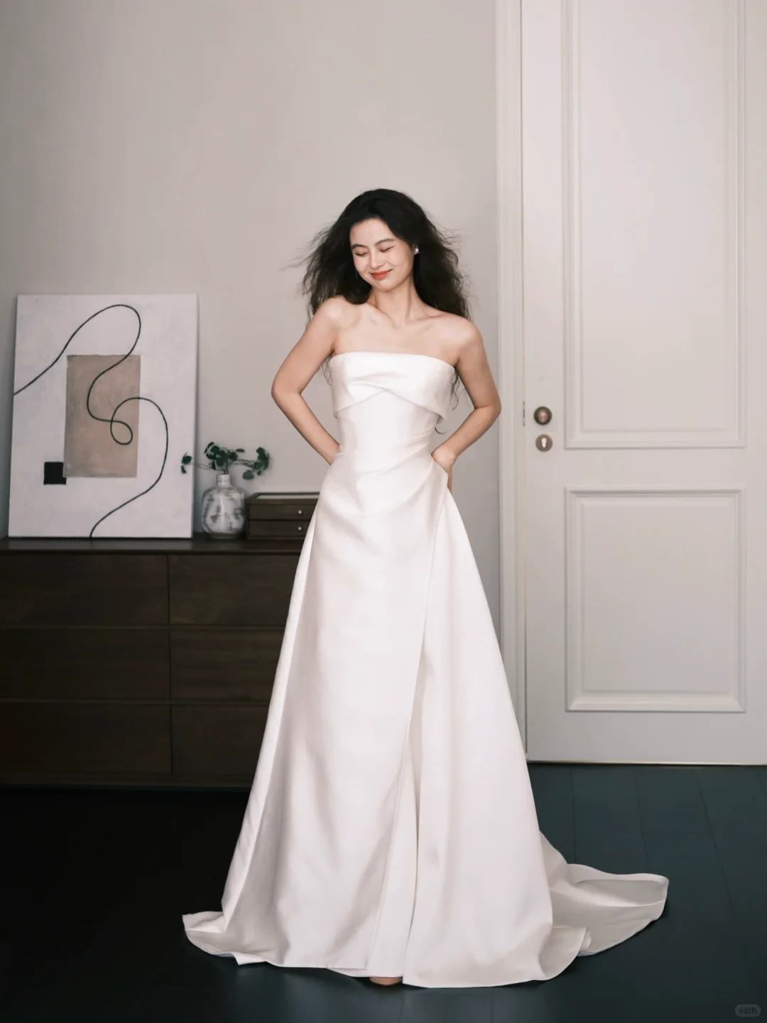 Strapless Twist Satin A-Line Wedding Dress with Side Slit & Pockets  NV7384