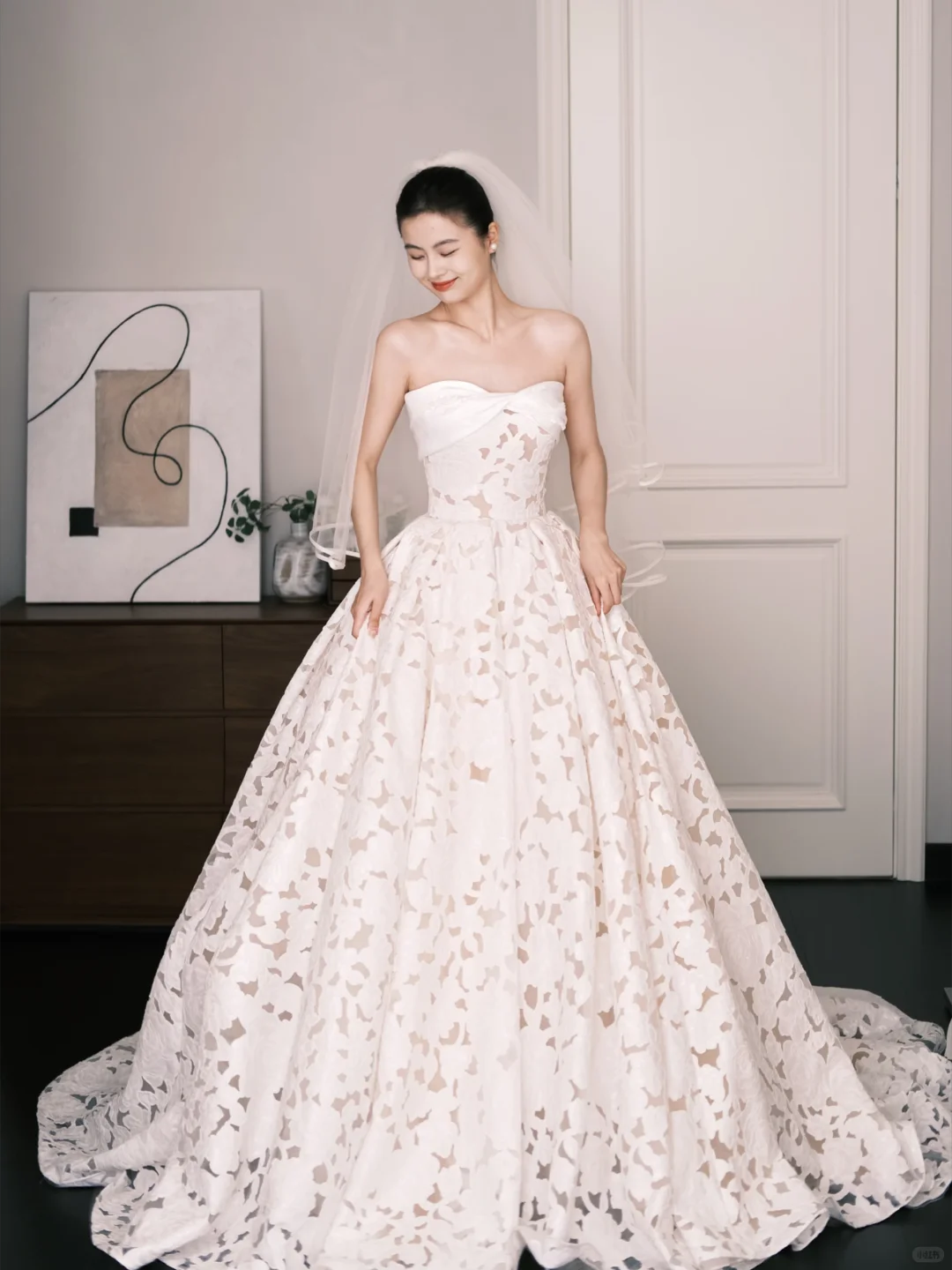 Strapless Lace A Line Wedding Dress Floral Cutout Long Train Bridal Gown  NV7207