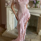 Pink Chiffon Ruffle Slit Beach Style Midi Evening Dress Ball Gown Party Dress nv1963