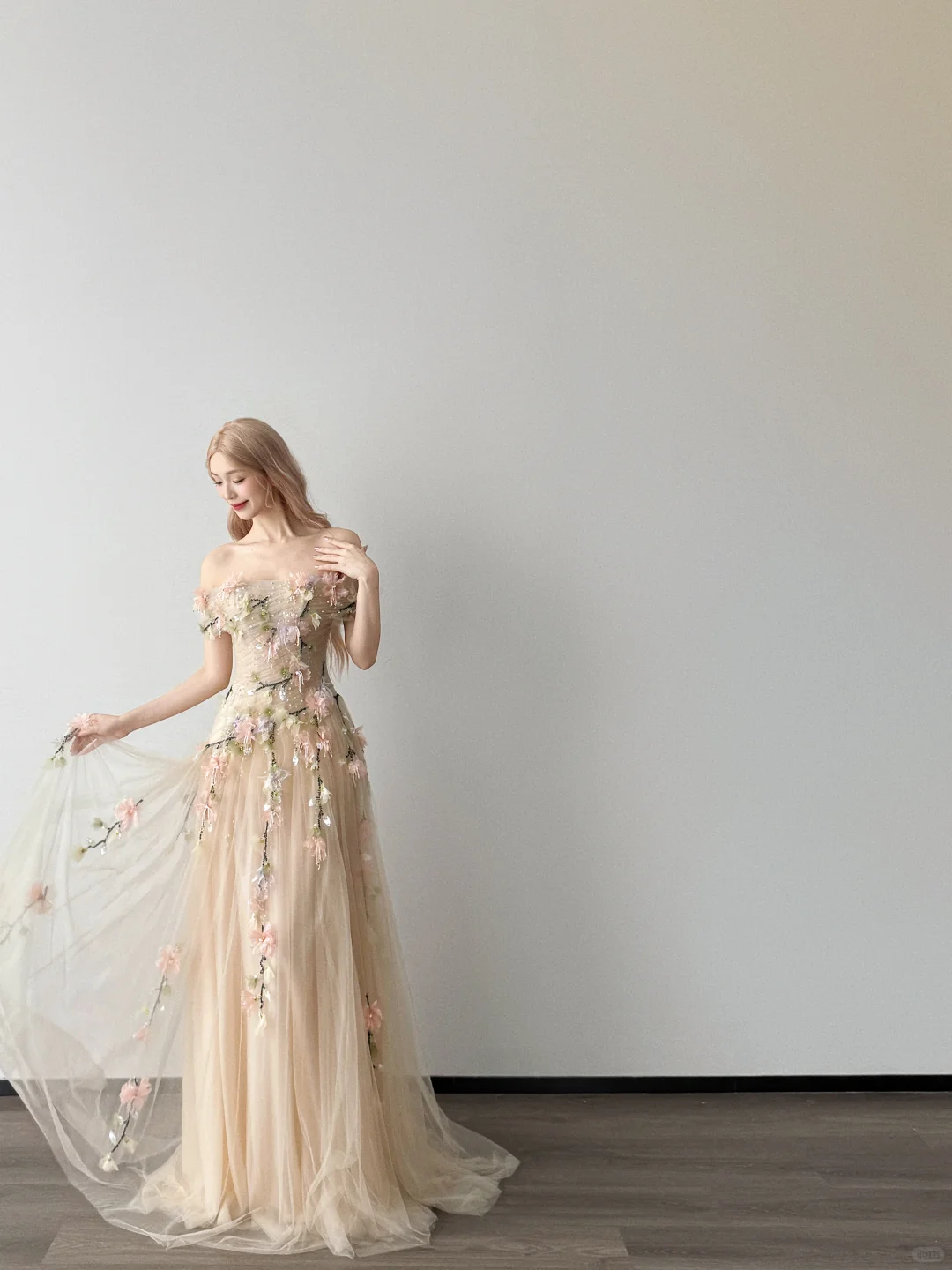 Off Shoulder A-Line Tulle Prom Dress Champagne 3D Floral High Slit Gown  NV7124