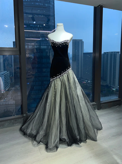 Black Velvet Strapless Mermaid Evening Gown Handmade Pearl Beading Ombre Sheer Tulle Long Prom Dress  NV7018