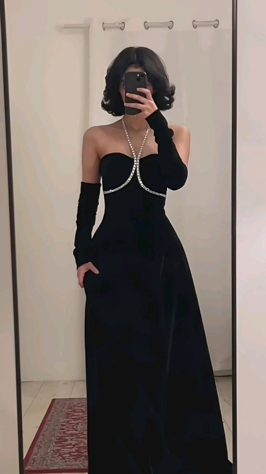 Black simple off-shoulder elegant long prom dress evening gown party dress with rhinestones with sleeves nv2447