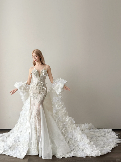 Deep V White Mermaid Wedding Dress 3D Floral Detachable Sleeve Bridal Gown  NV7126