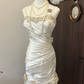Ivory White Floral Beaded Short Satin Homecoming Dress Prom Dress Evening Dress Wedding Dress nv4217