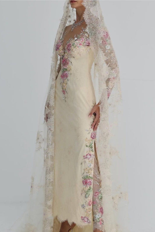 Pink gorgeous exquisite floral long tulle prom wedding dress nv5408