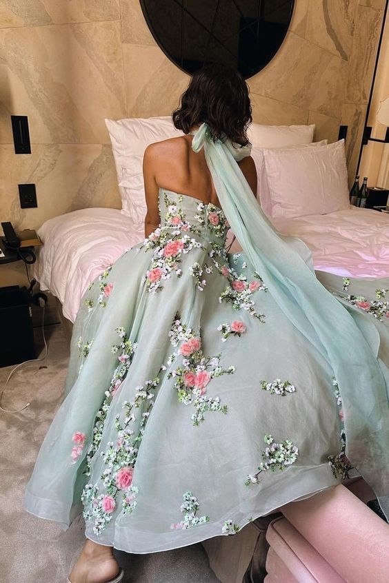 Green backless floral long chiffon ball gown evening dress nv2894