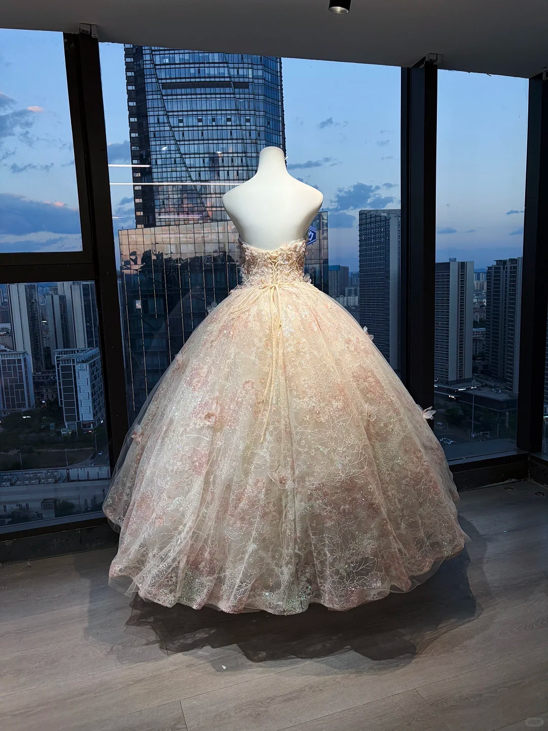 Strapless Champagne Blush Prom Dress 3D Flower Beaded Lace Tulle Princess Ball Gown  NV7056