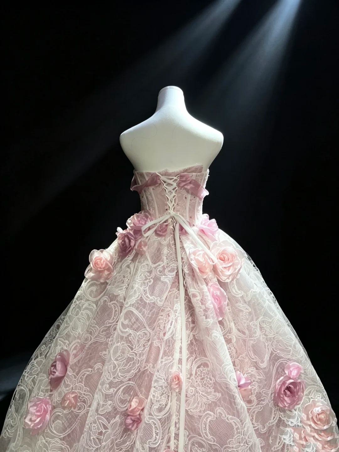 Pink Strapless Ball Gown Satin Bow Lace Corset 3D Floral Lace Overlay Tulle Fairy Prom Dress  NV6944
