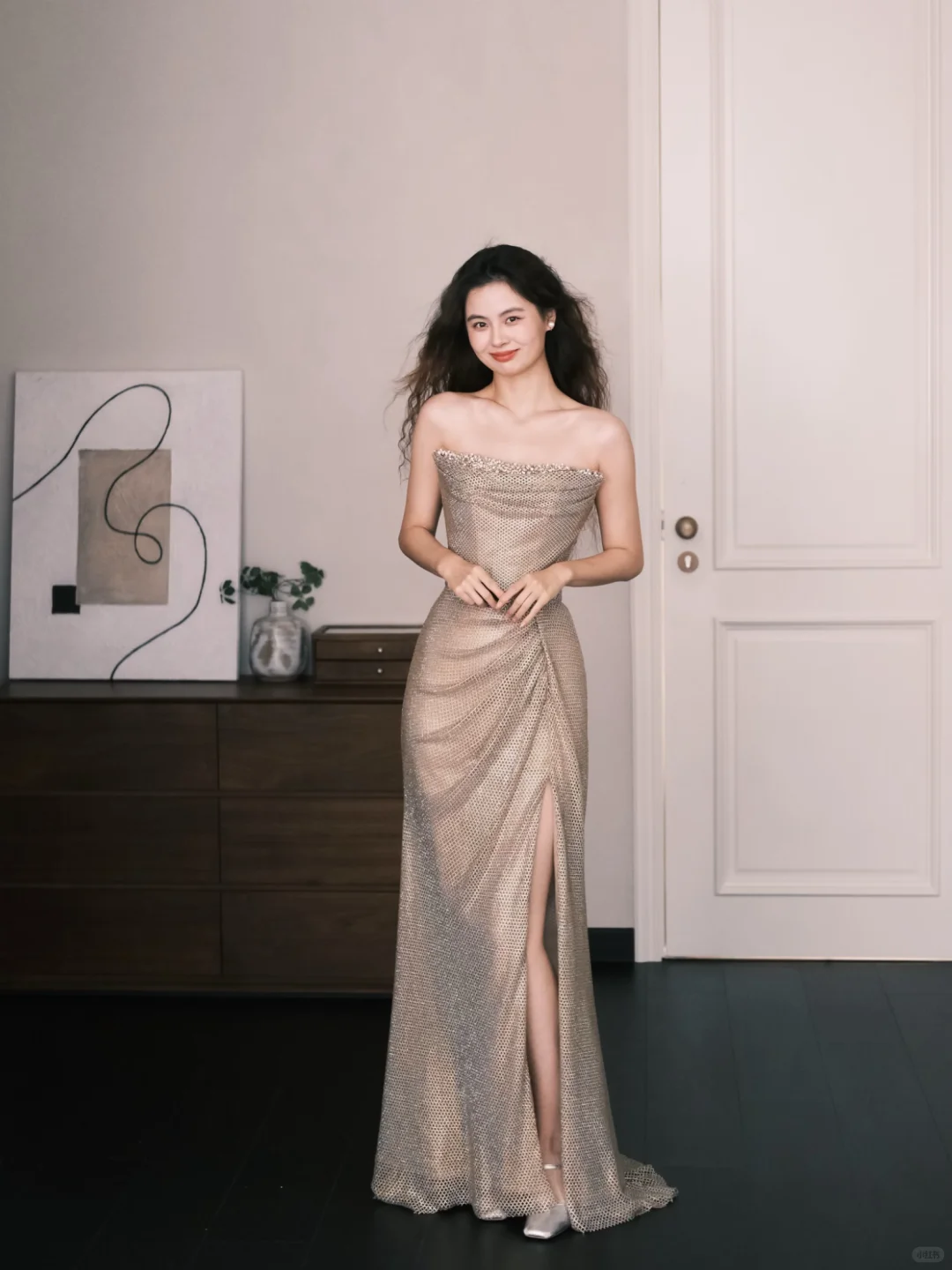 Strapless Champagne Rhinestone Mesh Prom Dress with High Side Slit  NV7378