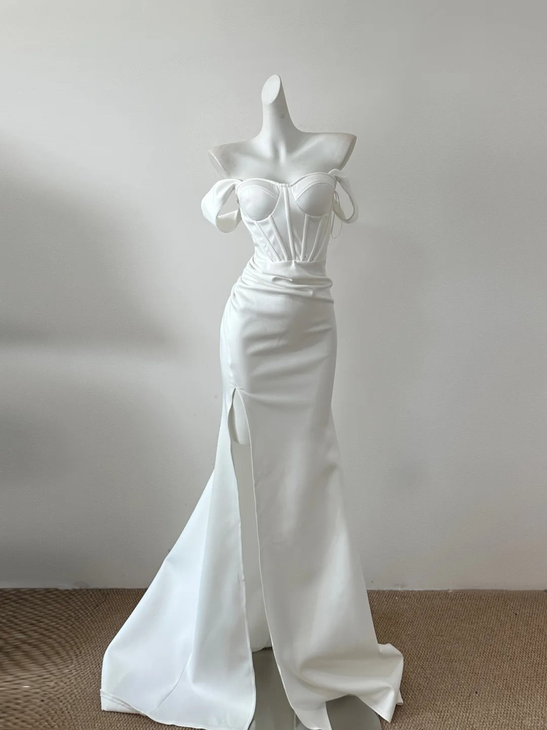 White/Pink Simple Elegant Long Satin Floor Length Slit Ball Gown Evening Gown Party Dress nv4128
