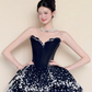 Strapless Black Starry Sky Prom Dress, White Pearl Beaded Tiered Ball Gown  NV7428