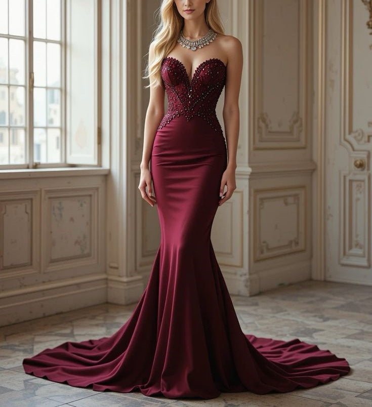 NiceVestidos-_Burgundy exquisite beaded floor-length satin gown NV6011